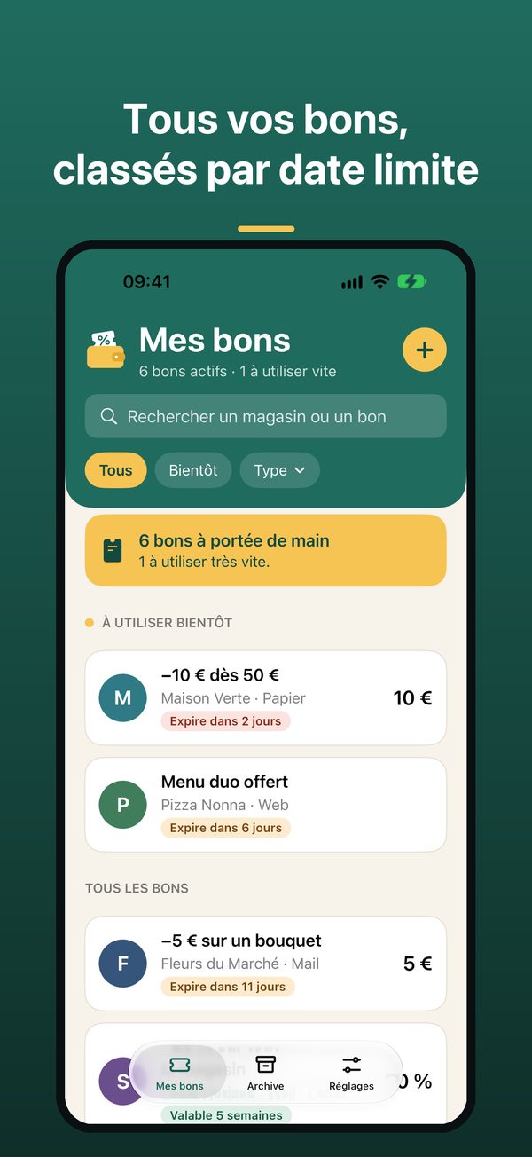 La liste de vos bons, du plus proche de l’expiration au plus lointain