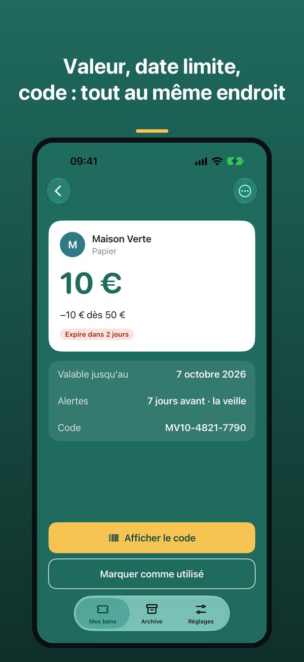 La fiche d’un bon : valeur, date limite, code, photo
