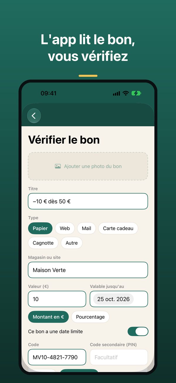 Vérifier le bon : les champs lus par l’app ont un contour vert