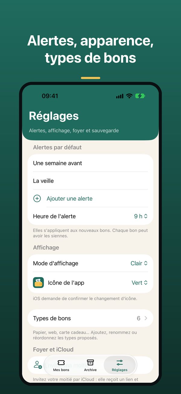 Les réglages : alertes, apparence, types de bons, foyer