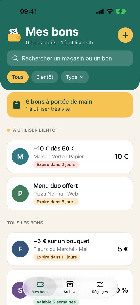 La liste des bons dans Mes Bons, avec leur date d’expiration